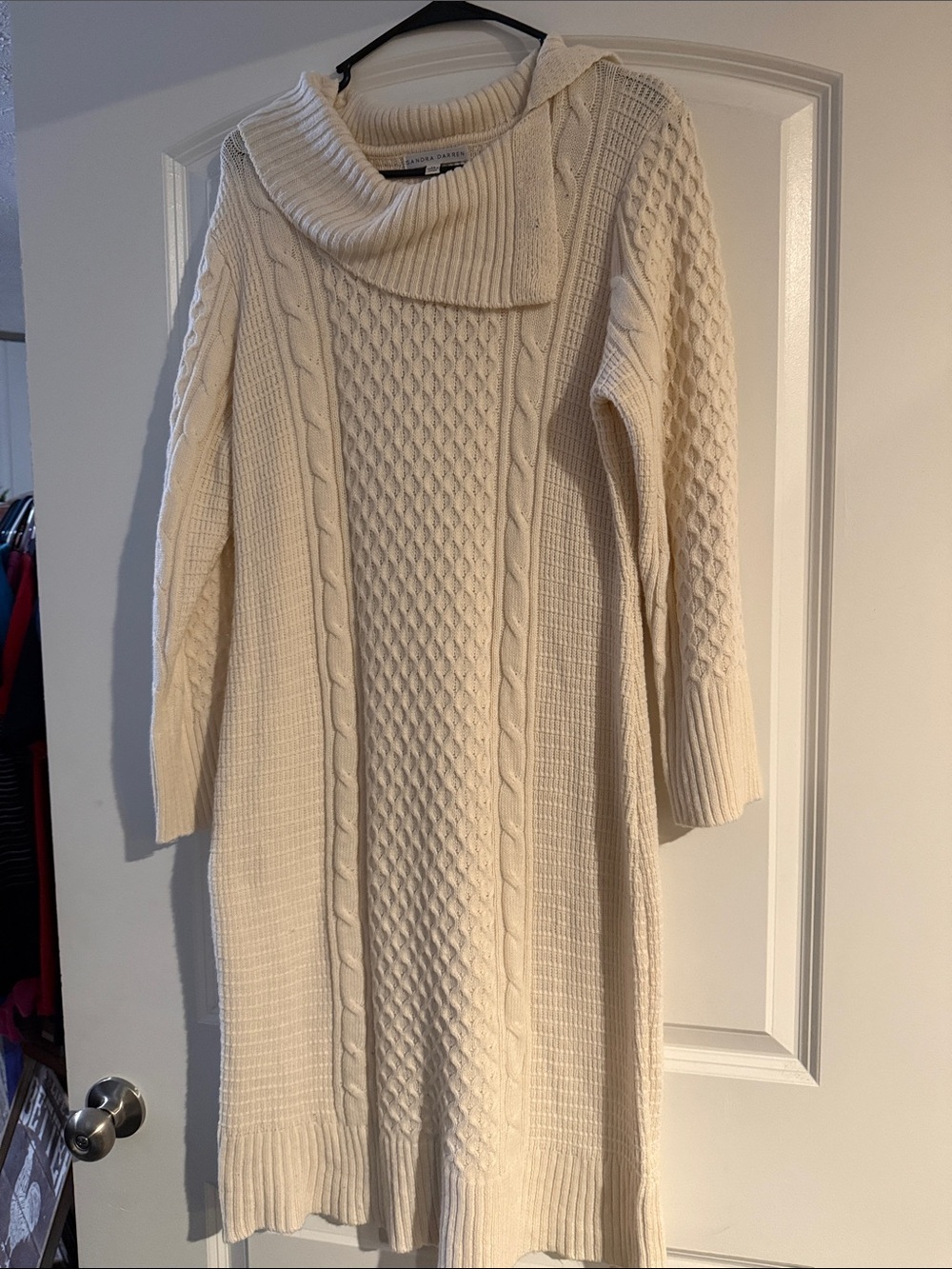 Sandra Darren Cream Cable Knit Cowl-Neck Sweater Dress